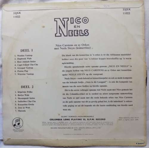 Nico EN Neels - Nico Carstens en sy Orkes met Neels Steyn - Columbia LP 33JSX 11022 - Some scratches
