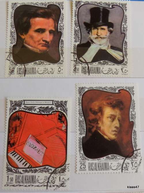 Ras Al Khaima - 1969 - Composers on paintings - 4 Cancelled stamps