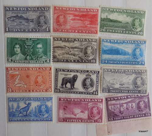 Newfoundland -1937 - George VI - Set of 11 Pictorial Defin. Unused and 1 Coronation stamps