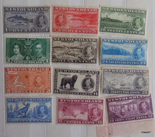 Newfoundland -1937 - George VI - Set of 11 Pictorial Defin. Unused and 1 Coronation stamps