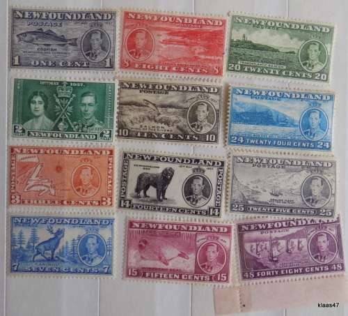 Newfoundland -1937 - George VI - Set of 11 Pictorial Defin. Unused and 1 Coronation stamps