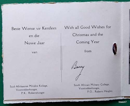 Paratus Greetings Card - S A Military College, Voortrekkerhoogte - 1939  (Permanent Force Cadets)