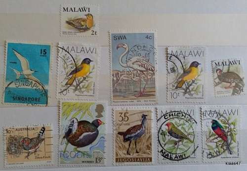 Mixed Lot of 11 Used (some Hinged) stamps - Theme: Birds