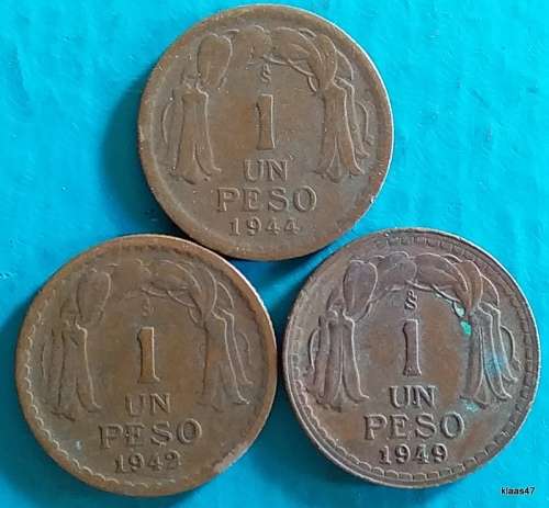 Chile - 1 Peso x3  -  1942/44/49 - Copper