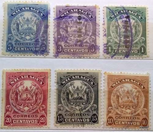 Nicaragua - 1905 - Coat of Arms - 6 Used stamps