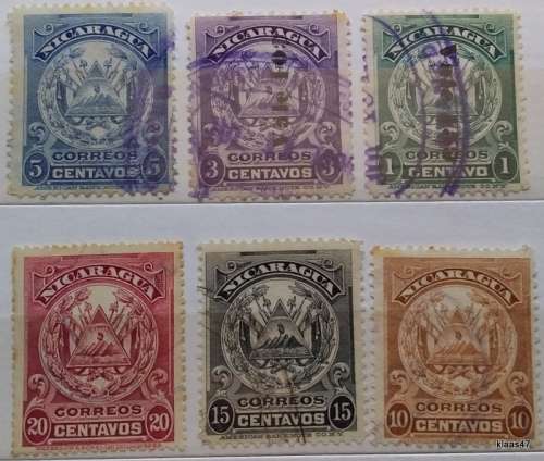 Nicaragua - 1905 - Coat of Arms - 6 Used stamps