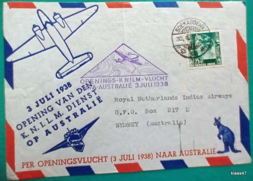 1938 - First KNILM Flight Java to Australia Envelope - Soekaboemi Cancellation