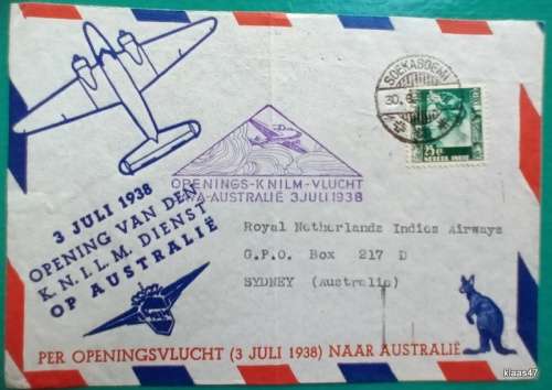 1938 - First KNILM Flight Java to Australia Envelope - Soekaboemi Cancellation