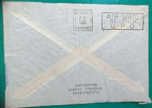 1938 - First KNILM Flight Java to Australia Envelope - Soekaboemi Cancellation