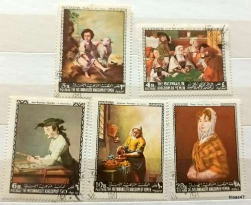 Yemen - 1968 - Paintings - 5 Cancelled Hinged stamps