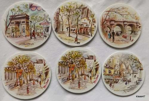 Vintage - Bistro Coasters -  Boxed Set of 6 Metal Clad Coasters - Cork Base