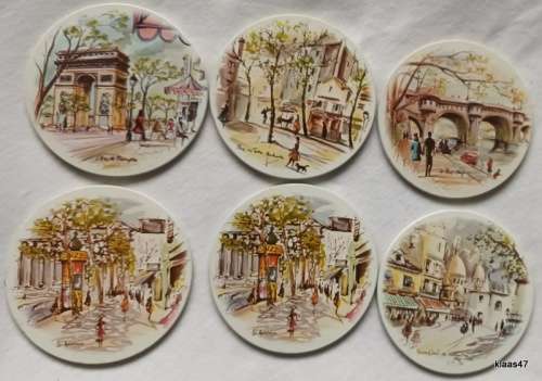 Vintage - Bistro Coasters -  Boxed Set of 6 Metal Clad Coasters - Cork Base