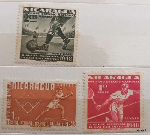 Nicaragua - 1949 - 10th World Series of Amateur Baseball - 3 Unused Hinged stamps (Some rust spots)