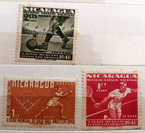 Nicaragua - 1949 - 10th World Series of Amateur Baseball - 3 Unused Hinged stamps (Some rust spots)