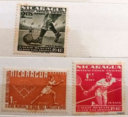 Nicaragua - 1949 - 10th World Series of Amateur Baseball - 3 Unused Hinged stamps (Some rust spots)