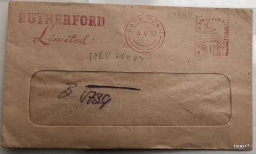 Rutherford Limited Franked 1d Env - 1953 - Cape Town - with Advertising Label Hoffmann Bearings