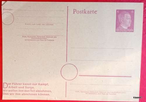 Germany - WW2 1940`s - Hitler Stamped Post card - Unused
