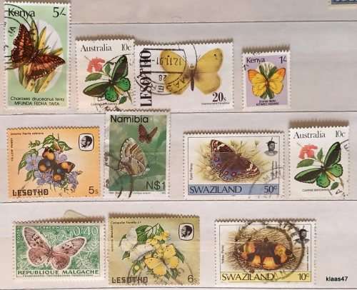 Theme:  Butterflies - Mixed Lot of 11 Used (some Hinged) stamps