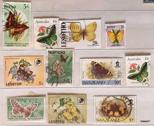 Theme:  Butterflies - Mixed Lot of 11 Used (some Hinged) stamps