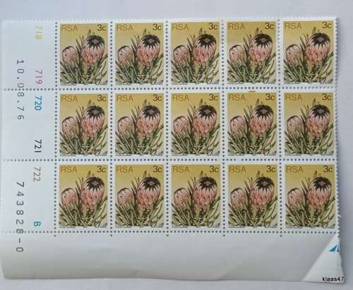RSA - 1976 - 3rd Definitive Series (Protea) - 3c - Block of 15 Unused stamps