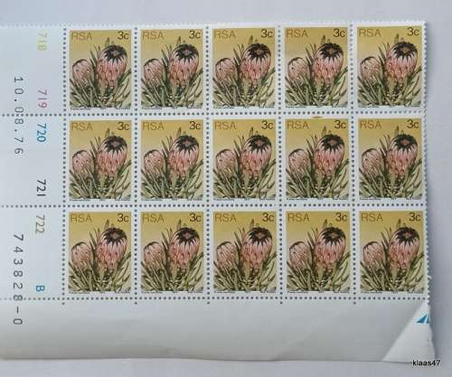 RSA - 1976 - 3rd Definitive Series (Protea) - 3c - Block of 15 Unused stamps