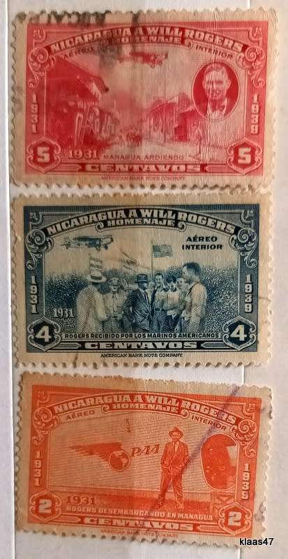 Nicaragua - 1939 - Will Rogers Commemoration - 3 Used stamps