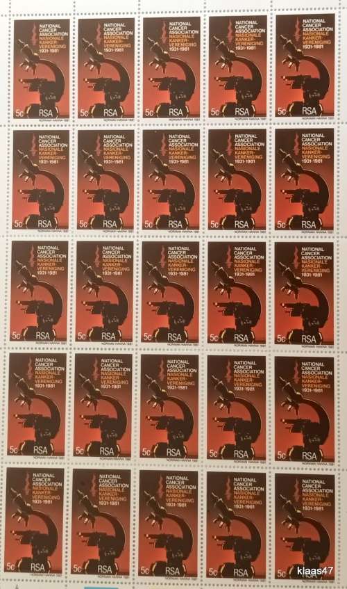 RSA - 1981 - National Cancer Association - Sheet of 25 Mint stamps (5c)