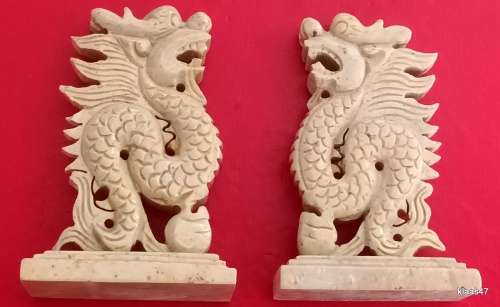 2 Carved Chinese Dragons - Base 30x54mm - 80mm High