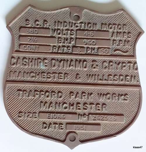 Maker`s name plate - Lancashire Dynamo & Crypto - Trafford Park Works - 1951
