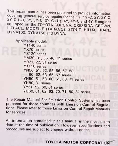 Toyota Engine Repair Manual - 1Y,1Y-C,2Y,2Y-C,2Y-C(U),3Y,3Y-C,3Y-C(U),4Y,4Y-C,4Y-E 1985