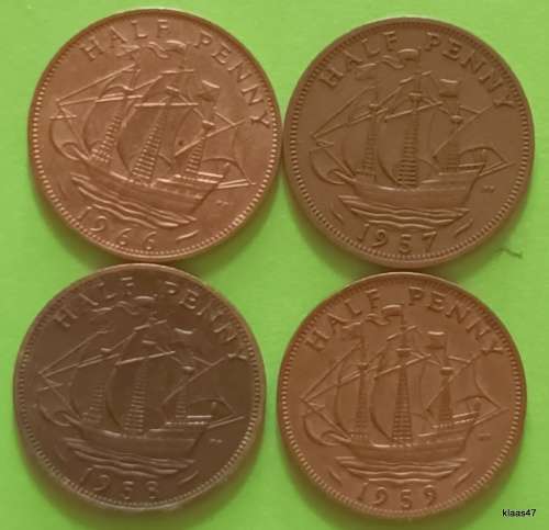 GB - 1957, 1958, 1959, 1966 - ½ Penny - Elizabeth II - Bronze