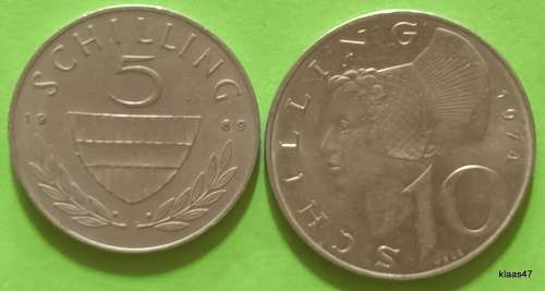 Austria - 1969  5 Schilling Copper-nickle and 1974 10 Schilling Copper-nickel plated nickel
