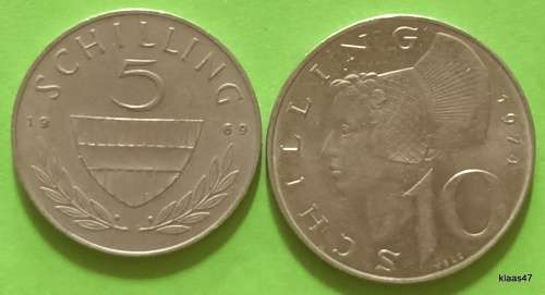Austria - 1969  5 Schilling Copper-nickle and 1974 10 Schilling Copper-nickel plated nickel