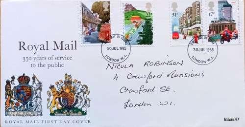 GB - 1985 - Royal Mail 350 Years of Service to the Public  - Royal Mail First Day Cover
