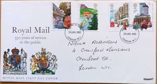 GB - 1985 - Royal Mail 350 Years of Service to the Public  - Royal Mail First Day Cover