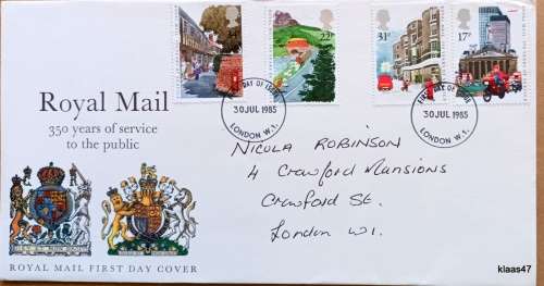 GB - 1985 - Royal Mail 350 Years of Service to the Public  - Royal Mail First Day Cover