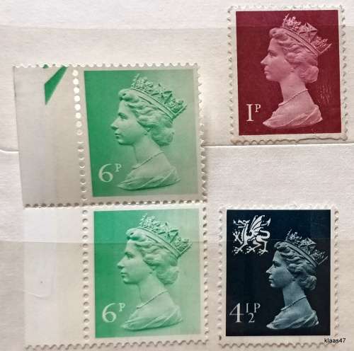 GB - Elizabeth II Definitive - 4 Unused stamps (1p damaged underneath)