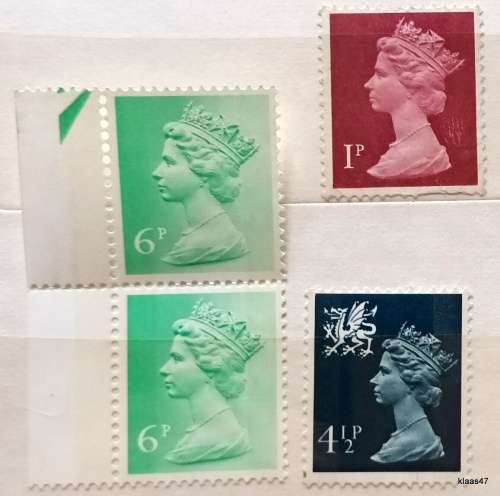 GB - Elizabeth II Definitive - 4 Unused stamps (1p damaged underneath)