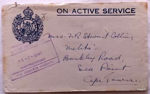 Envelope - On Active Service - SAAF - Dated 1-7-1941 at Voortrekkerhoogte