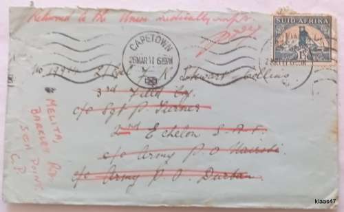 S.A.A.F. 1941 - Redirected and Returned to Sender Endorsed: Returned to the Union Medically Unfit