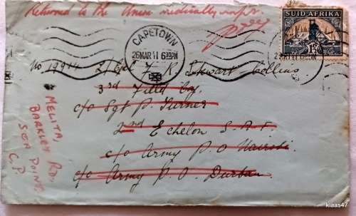 S.A.A.F. 1941 - Redirected and Returned to Sender Endorsed: Returned to the Union Medically Unfit