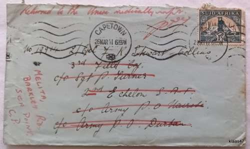 S.A.A.F. 1941 - Redirected and Returned to Sender Endorsed: Returned to the Union Medically Unfit