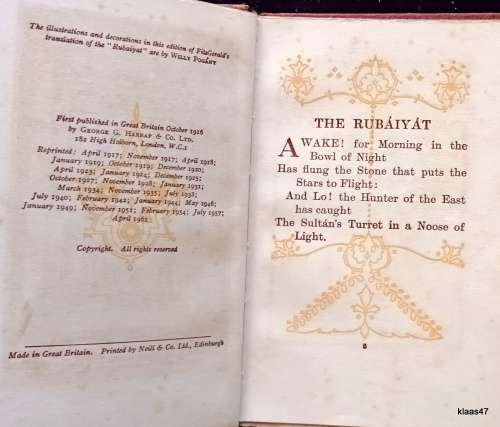 Rubaiyat of Omar Khayyam - Hardcover (Fitzgerald`s translation Illustrations Willy Pogamy) 1961