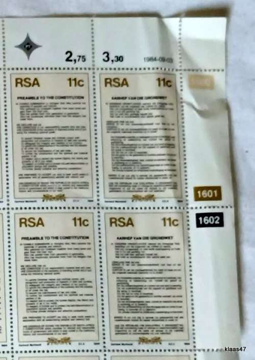 RSA - 1984 - New Constitution - 11c Full sheet of 30 Unused stamps