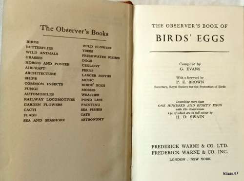 The Observer`s Book of Birds` Eggs - G Evason - Hardcover Reprint 1962 (Pocket Series)