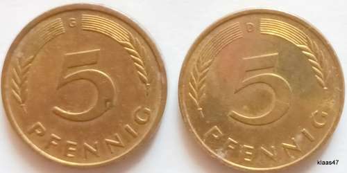 Germany - 1984 and 1989 - 5 pfennig - Brass clad steel
