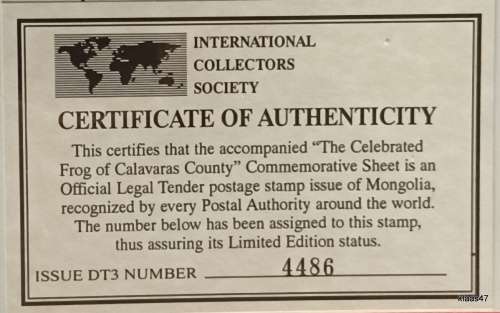 Mongolia - 1987 - Disney (The Celebrated Frog) Commemorative Sheet - Issue No. 4486 with Certificate