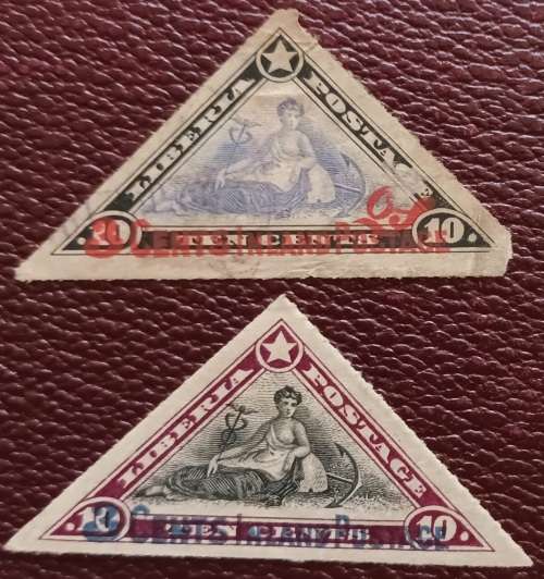 Liberia - 1909 - Local Motifs Triangle - 10 c O/print 3c Inland Postage - 2 Used Imperforate