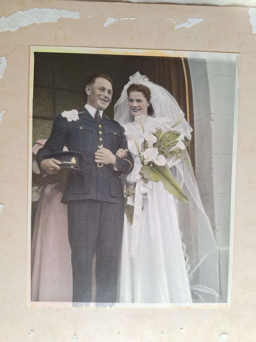 Vintage Unframed Wedding Photo Black & White with colour added