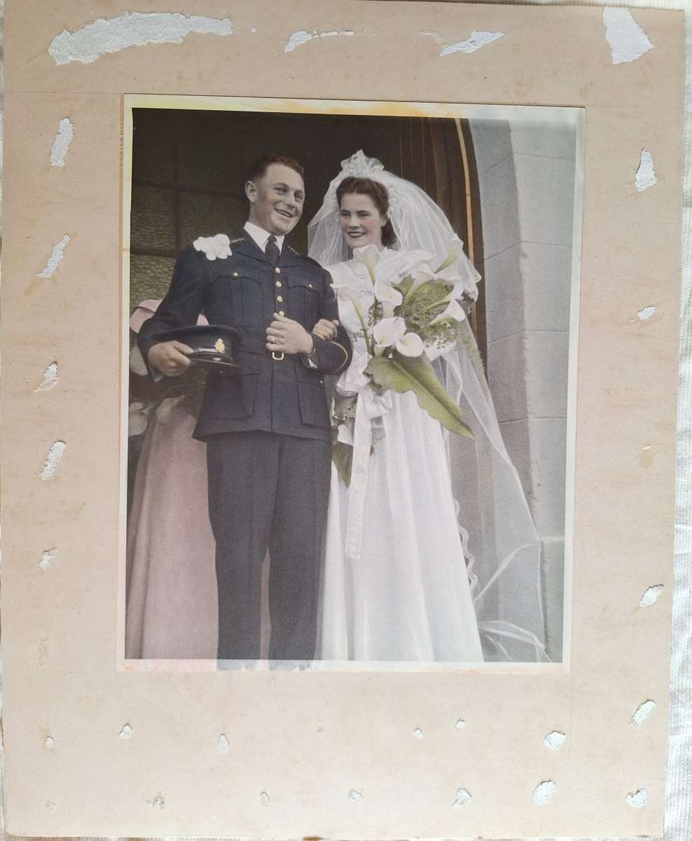 Vintage Unframed Wedding Photo Black & White with colour added